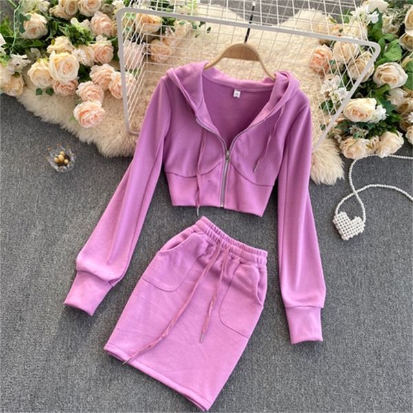 

2021 new age reduction two-piece suit 2021 new female casual hooded cardigan sports jacket short hip skirt vf6s, Gray