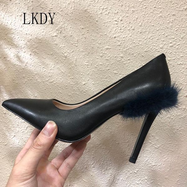 

2020 lkdy woman luxury calf leather stitching imported high heel pointed shoes women's shoes high heels, Black
