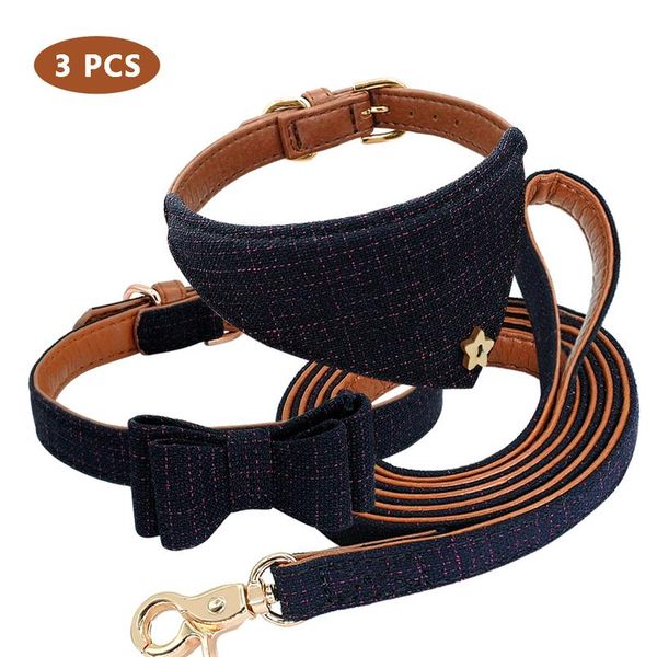

leather dog collar bandana leash set plaid bowknot pet collar and leash set adjustabe dog collars and banda wmtipw
