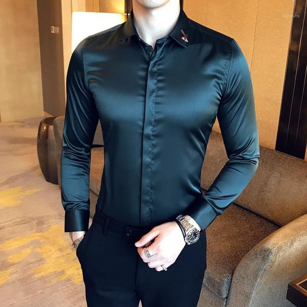 

luxury tuxedo shirt men green white black shinny satin shirt 95% rayon 5% spandex banquet party wedding chemise homme1