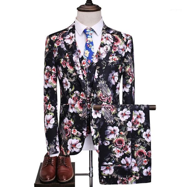 

new european and american plus size men's boutique white flower printed banquet man dress three-piece suit1, White;black