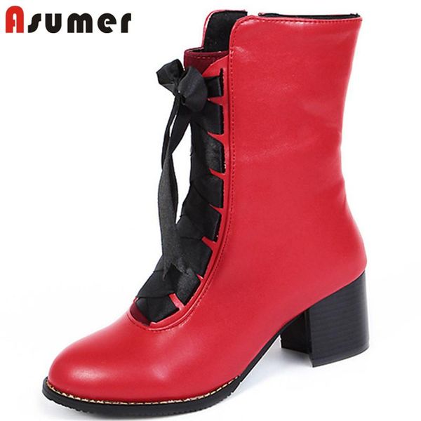 

asumer 2020 new arrival ankle boots women pu round toe autumn winter high heels shoes lace up simple classic woman boots, Black