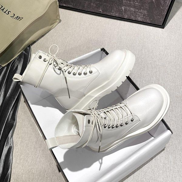 

winter shoes women combat boots white leather boots women ankle motorcycle lace-up warm plush goth platform booties, Black