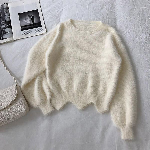 

women knitting sweater o-neck soft thick solid color long sleeve edge irregular comfort warm thick comfort short female pullover1, White;black