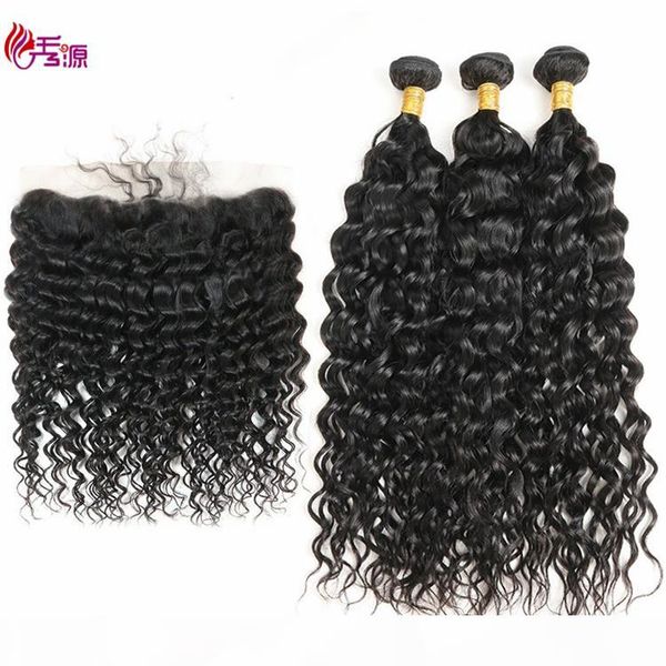 

brazilian water wave virgin human hair bundles with 13x4 lace closure natural color 100 unprocessed remy human hair 3 bundles with closure, Black;brown