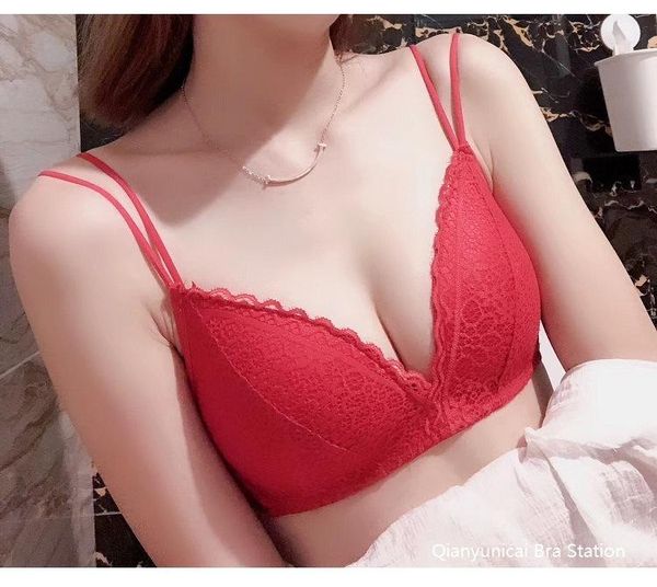 

bras elovegirl lingerie adjusted push up bra comfort breathable backless bralette red lace wireless back closure women, Red;black
