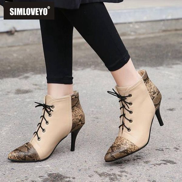 

boots simloveyo shoes women ankle pointed toe lace up cross tied thin high heel black apricot retro botas feminino snakeskin