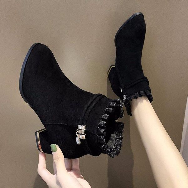 

new winter boots women warm snow lace shoes female mid-calf platform woman shoes ankle boot fashion boots heels zapatos de mujer, Black