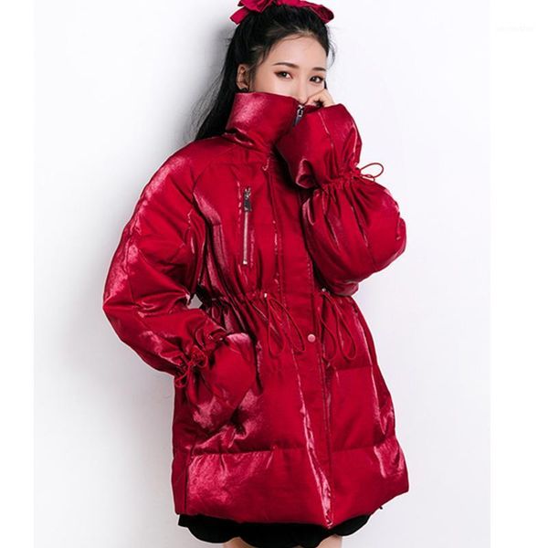 

2021 winter fashion new waist thinner down jacket mid-length stand-up collar flared sleeves thick warm jacket trend1, Black