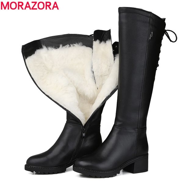 

morazora russia genuine leather fur fashion knee high women warm natural wool round toe winter snow boots t200111, Black