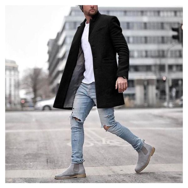 

autumn and winter fashion trend windbreaker men's jacket lapel woolen mid-length coat factory direct sales, Black