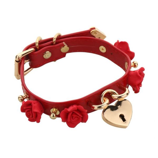 

harajuku lolita 100% handcrafted pink flower spikes lock key medallion choker women's leather necklace, Silver