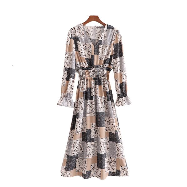 

new streetwear women v-neck elastic waist 2021 fashion ladies plaid patchwork vintage female chic floral print es e08x, Black;gray