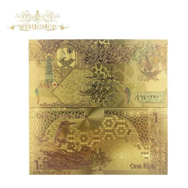 

10pcs lot for colored qatar banknotes 1 riyals banknotes in 24k gold fake paper money for gift wmtigc mywjqq