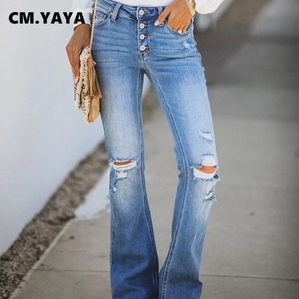 

cm.yaya women washed high waist button up denim pants retro jeans ripped flare hole trousers street skinny lady jean pants, Blue