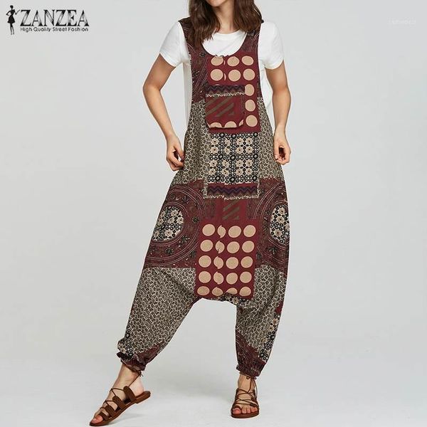 

women's jumpsuits & rompers womens jumpsuit zanzea 2021 summer vintage printed drop-crotch pants overalls long harem trousers playsuit, Black;white