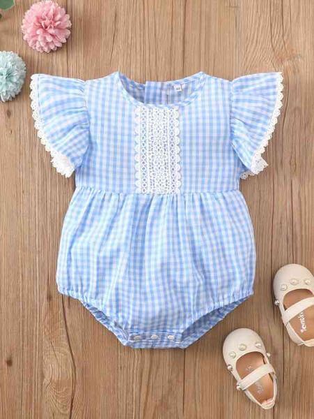 

baby gingham guipure lace panel butterfly sleeve bodysuit she, Blue