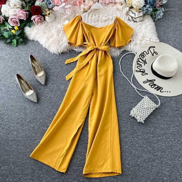 

women's jumpsuits & rompers amolapha women solid slim wide leg short sleeve woman vintage slash neck romper clothing1, Black;white