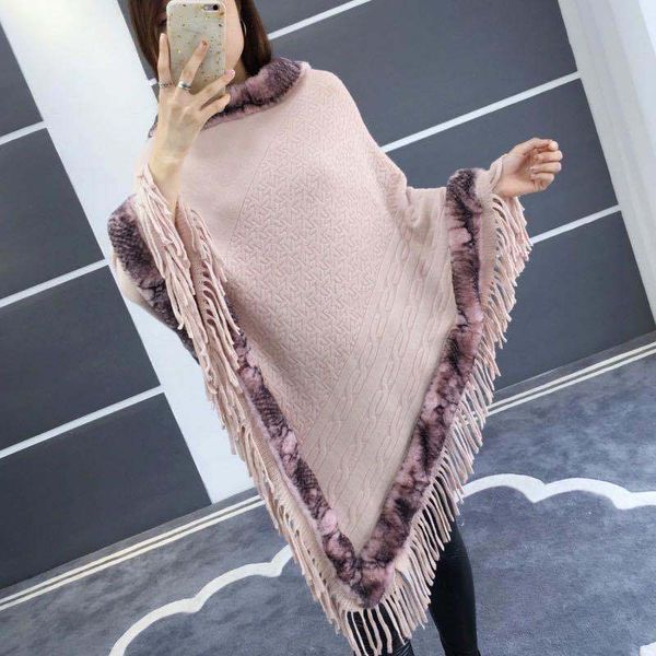 

new warm fashion solid color winter knit shawl collar sweater poncho, Black