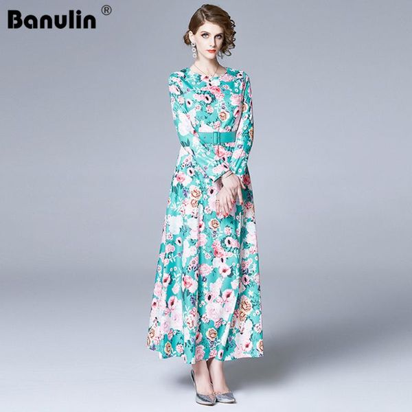 

banulin autumn fashion runway long sleeve dress women's o-neck green flower print casual holiday elegant dress with belt, Black;gray