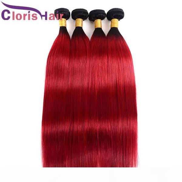 

pre-colored red silky straight raw virgin indian ombre bundles dark roots 1b red human hair weaves red straight ombre extensions, Black