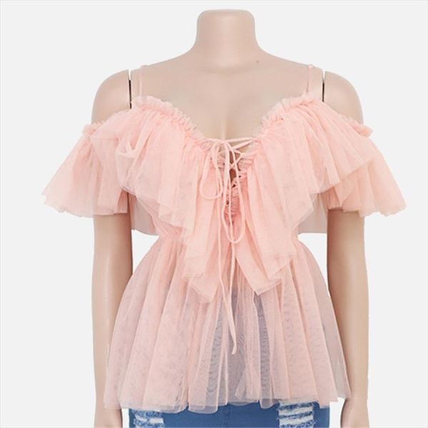 

women mesh off shoulder t shirt female vintage ruffle backless t shirts 2020 pink sweet elegant summer lace up ladies, White