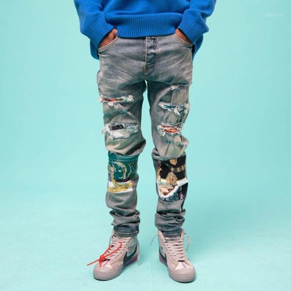 

2020 winter men's jeans cotton retro silk scarf stitching denim trousers motorcycle slim pants high street1, Blue