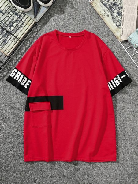 

men letter graphic contrast panel flap pocket tee c6nu#, White;black