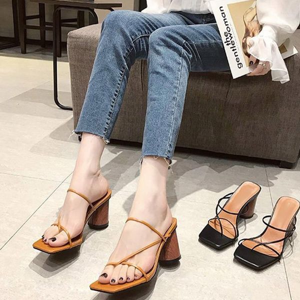 

sandals women slippers female pumps summer heels dress shoes woman 2021 ladies fashion clip toe high square pu ladies1, Black