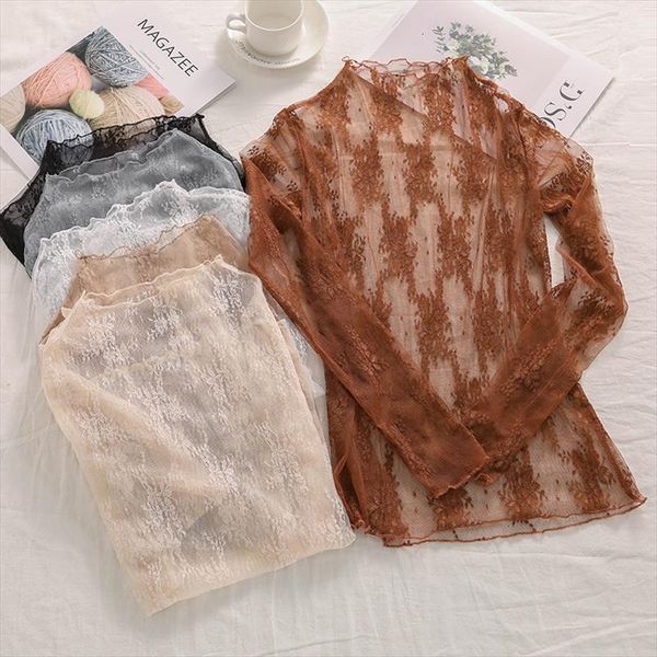 

autumn winter women lace blouses base shirt women mesh blouses see through long sleeve black striped shirt blouse, White