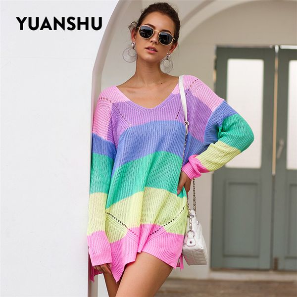 

yuanshu spring autumn striped rainbow sweater women v neck long sleeve winter knitting pullovers one shoulder female jumper c1121, White;black