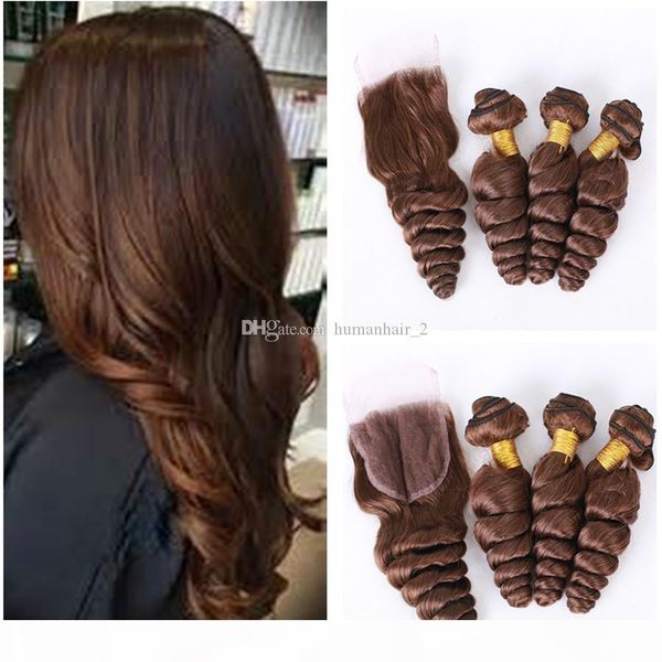 

chestnut brown virgin hair bundles with lace closure color 4 medium brown loose wave human hair wefts with middle part closure, Black;brown