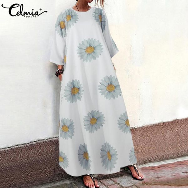 

women daisy print vintage dress celmia summer o-neck 3/4 sleeve vintage party dresses female loose bohemian long maxi vestidos1, Black;gray