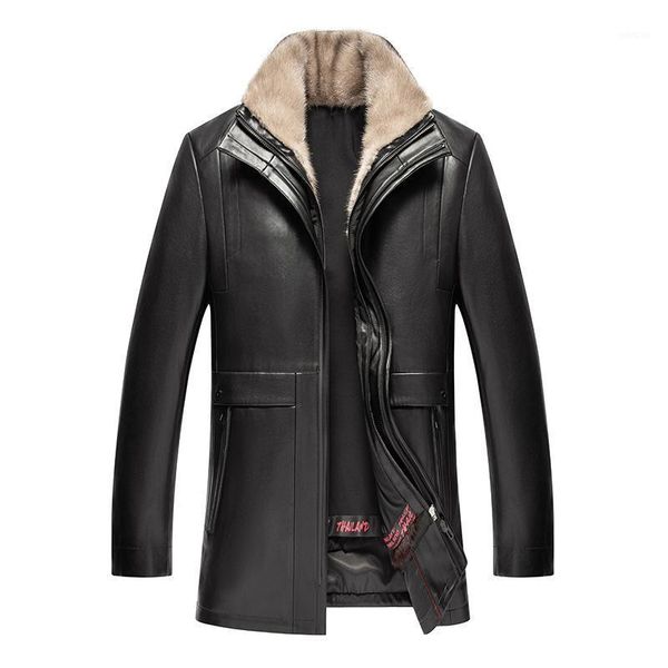 

2268 middle-aged men's sheepskin leather nick garment collar removable fur liner mid-length leather coat1, Tan;black