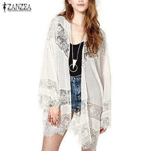 

zanzea 2020 summer style fashion women lace floral crochet chiffon blouse kimono cardigan plus size blusas femininas1, White