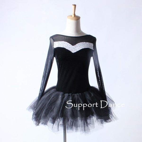 

mesh long sleeve black velvet ballet tutu dress children performance costume support dance c2621, Black;red
