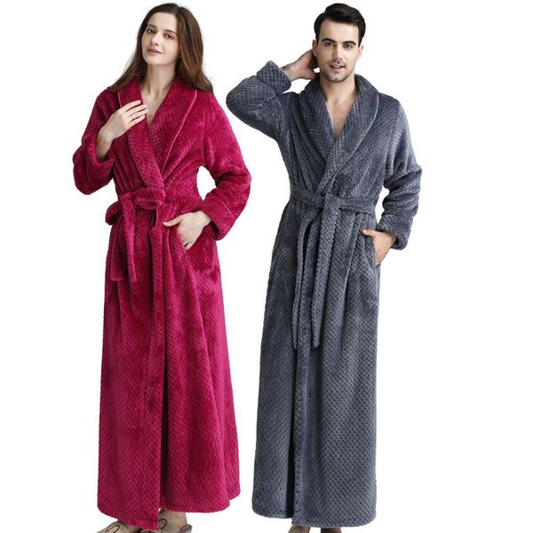 

women men extra long warm dobby coral fleece bathrobe winter thick flannel thermal bath robe kimono dressing gown bride peignoir, Black;red