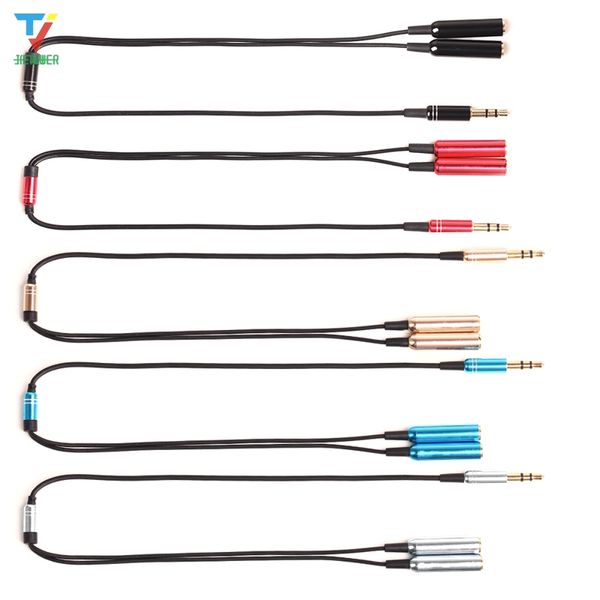 Wholesales Multicolor Metal 3,5 mm Stereo Mini Jack 1 männlich bis 2 weibliche Splitter Hörphone Audio Aux Kabel DHL/FedEx