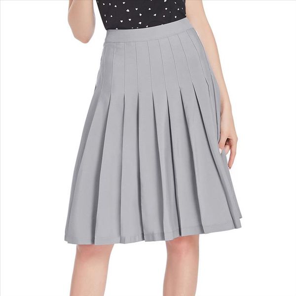 

summer women pleated skirt high waist zip up flared a line vintage solid knee length sweet swing skater skirts lady, Black