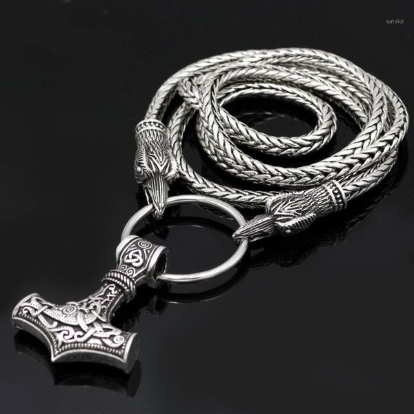 

viking cord odin's of hammer mjolnir scandinavian axe wolf pendant necklace - stainless chain1, Silver