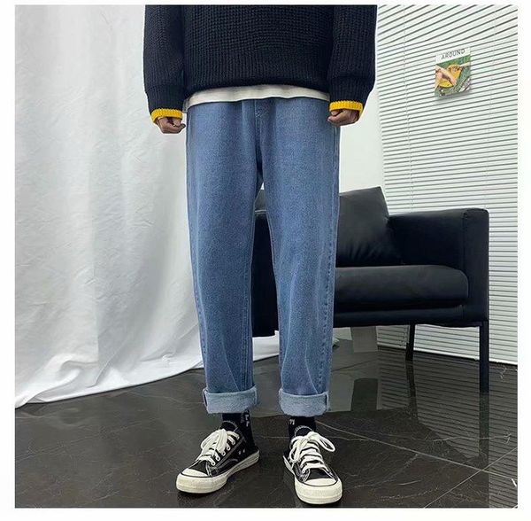 

men's jeans elastic pants mouth kpop clothes hip hop wide leg long retro men loose straight waist teenager casual, Blue