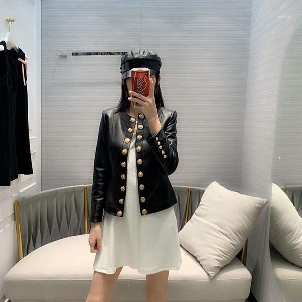 

2020 spring women's new fashionable cool ladies double breasted sheepskin black jacket worldwide1, Black;brown
