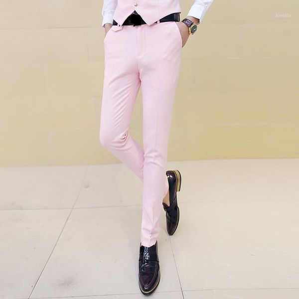 

2019 new fashion solid color official business slim mens suit pants groom wedding dress stage performance men suit trousers1, White;black