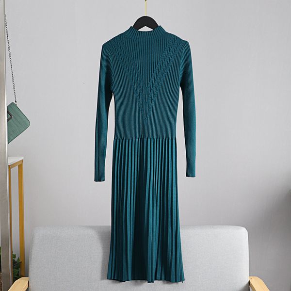 

2021 new chic long knit maxi women sweater thick warm winter pleated female rib turtleneck a line dress office lady u3ka, Black;gray