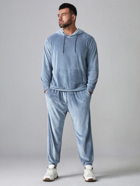 

extended sizes men drawstring velvet hoodie & sweatpants f7qm#, Gray