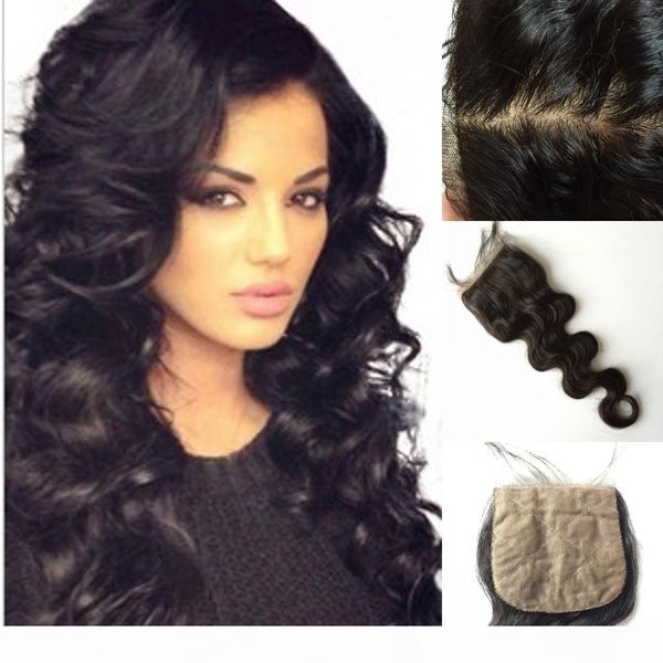 

brazilian virgin hair body wave silk base closure human hair medium brown lace color body wave silk lace closure, Black