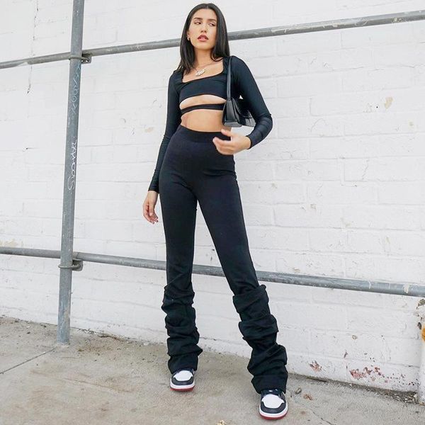 

black high waist stacked pants women 90s aesthetic vintage flare pants trousers joggers knitted sweatpants korean style autumn1, Black;white