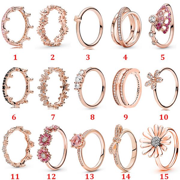 Designer sieraden 925 zilveren trouwring Bead fit Pandora Rose Gold Flip Ring Crown Daisy Romance Cubic Zirconia Diamonds European Style Rings Verjaardag Dames Cadeau