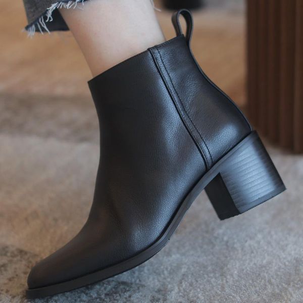 

women's genuine leather thick high heel square toe autumn ankle boots med heel comfortable warm plush shrort booties shoes women, Black