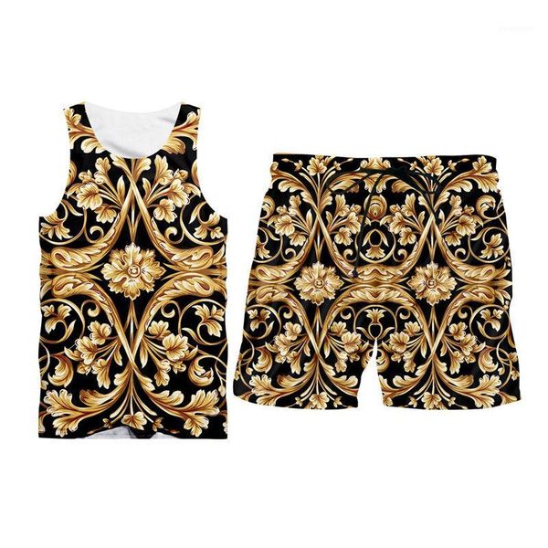 

3d men's sets tank + shorts set male summer 3d golden flowers printed sportsuit set street casual hip hop tracksuits1, Gray